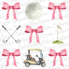 pink bows and golf equipment are tied together to create this digital clipart design set