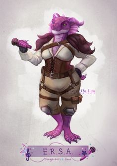 a drawing of a woman with purple hair and an animal like outfit, holding a knife