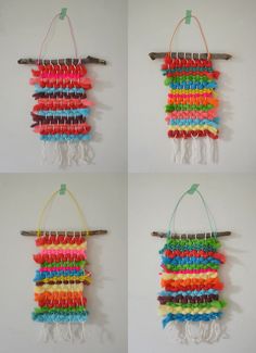 four pictures of different colors of beads hanging on a wall with string attached to it