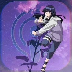 an anime character with long black hair standing in front of a purple background