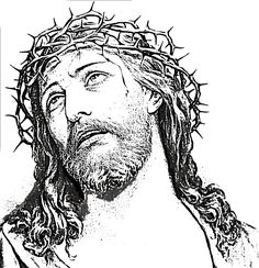 a black and white drawing of jesus with the crown of thorns on his head