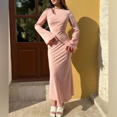 Made In China Pink Modest Dress, Modest Pink Dress, Modest Essentials, Backpack Ideas, High Waist Maxi Dress, Dress Elegant Long, Satin Fashion, Beautiful Hairstyle, Maxi Dress For Women