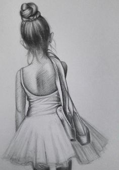 a pencil drawing of a girl in a dress with her back turned to the camera