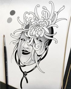 a drawing of a woman's face with flowers in her hair