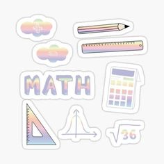 some stickers that say math and have different types of items on them, including pencils