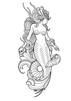 a drawing of a mermaid with long hair and a crown on her head is shown