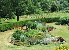 a garden filled with lots of different types of flowers and plants on top of green grass