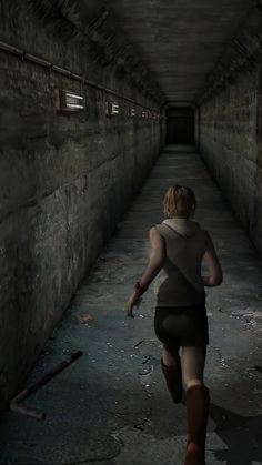 a woman running down a dark tunnel with no shoes on