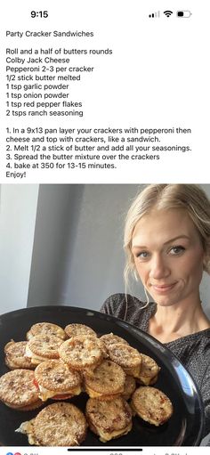 a woman holding a platter full of cookies on top of a table with the caption party crackers sandwiches