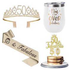 50th birthday party supplies including a cake, wine glass and tiara with gold lettering