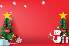 two christmas trees with presents and snowmen in front of them on a red background