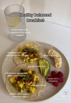 two tortillas with eggs, avocado and strawberries on a plate