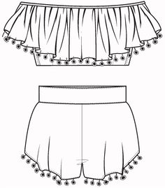 the front and back view of a women's shorts with pom poms