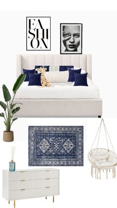 a bedroom with blue and white decor, including a bed, nightstand, rugs and pictures on the wall