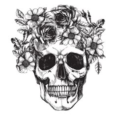 a skull with flowers on its head and leaves in the hair, hand drawn by ink