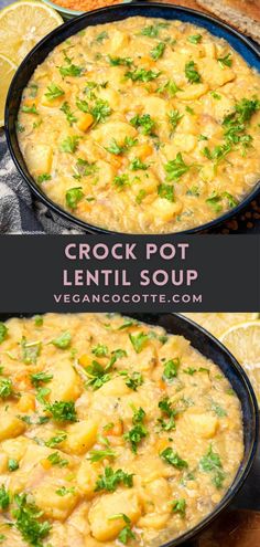 two pictures of crock pot lentil soup with lemons and parsley