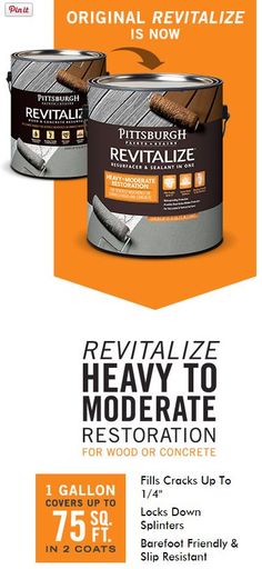 two cans of paint with the words revitalize heavy to moderate restoration