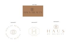 four logos for the beauty brand hus beauty, which are designed in gold and white