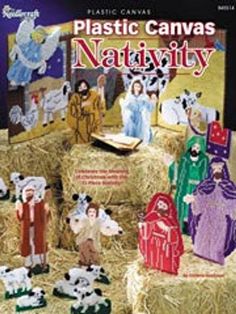 plastic canvas nativity book cover with paper cutouts and farm scenes on hay bales