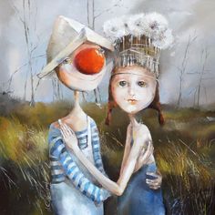 a painting of two people standing next to each other in a field with an orange ball on their head