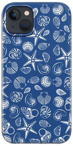 a blue phone case with shells on it