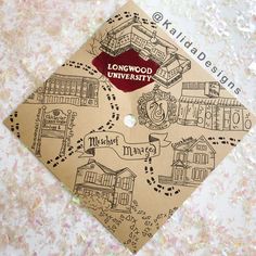 a graduation cap with the words longwood university written on it and images of buildings