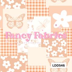 a pink and white checkered pattern with butterflies on it, the words fancy fabrics