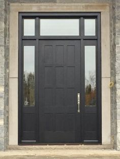 a black front door with two sidelights