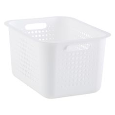 a white plastic basket with holes on the side and handles, sitting against a white background