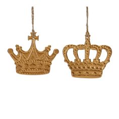 two gold crowns hanging from strings on a white background, one is wearing a crown and the other has a cross