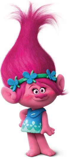 a cartoon character with pink hair and blue dress