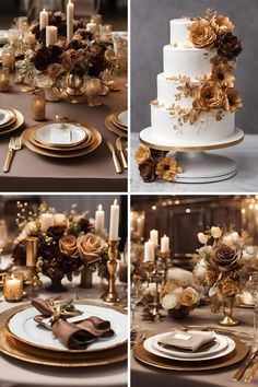 wedding cake with gold and white flowers on it, surrounded by other table settings for the reception