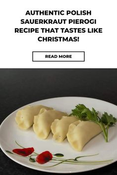 a white plate topped with ravioli and garnished with parsley