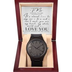 "Looking for a gift as bold and timeless as your special guy?  This Wooden Watch is a versatile accessory that's perfect for stylish, everyday wear. Encased in rich sandalwood and paired with a genuine leather strap, this piece is as impressive as the man who wears it. So whether it's a thoughtful birthday gift, an anniversary memento, or a long-lasting keepsake for Father's Day - be sure to get him the gift that will warm his heart for years to come. Ships in a gift box - so it can be sent directly to your lucky recipient.  Product Details Movement: Japanese QuartzCase Material: SandalwoodCase size: 45mm Hardened Mineral Crystal Genuine Black Leather Band Length: 10.24\" (26cm) Weight 1.1 oz -Pin BuckleIPX-4  -Water Resistant  -Each watch features its own unique wood grain." Wedding Watch For Groom, Watch For Groom, Groom Watch, Grooms Gift, Gift For Groom, Wedding Gifts For Groom, Wooden Watch, Wedding Watch, Groom Gift