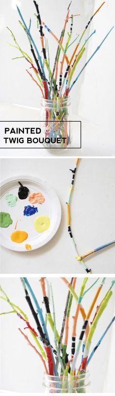 three different views of paint brushes in a glass vase with the words painted twig bouquet on it