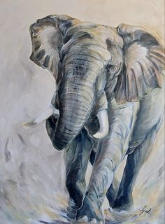 an oil painting of an elephant with tusks