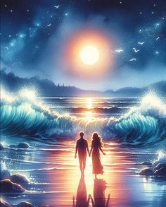 two people are walking on the beach at night with an ocean wave in the background