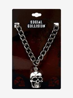 Look bad to the bone with this chunky chain necklace! It features a statement 3D skull pendant on a gunmetal-tone chain. Emo Necklace, Grunge Necklaces, Bp Jewelry, Twilight Dr, Emo Accessories, Spiked Jewelry, Pinterest Wardrobe, Sick Clothes, Punk Necklace