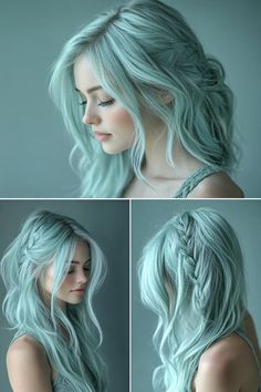 hair dye, hair transformation, 2023 hair trends Pastel Mint Hair, Light Green Hair Dye, Trendy Hair Dye Ideas, Seafoam Hair, Trendy Hair Dye, Mint Hair Color, Mint Green Hair Dye, Pastel Lilac Hair, Pastel Green And Blue Hair