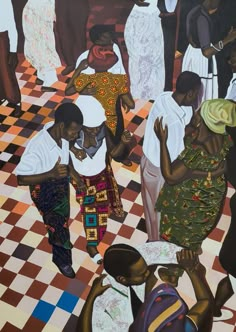 a painting of people dancing on a checkered floor