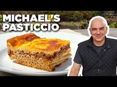 a man standing next to a plate with food on it and the words michael's pasta