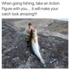 a man kneeling down next to a fish on top of a rocky cliff with caption that reads, when going fishing, take an action figure with you it will make your catch look amazing