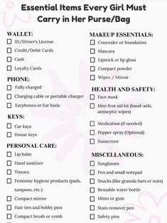 a pink and white checklist with the words essential items every girl must carry in her purse