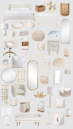 an assortment of white and gold furniture