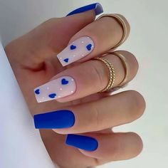 Blue Acrylic Nails, Blue Nail Designs, Stick On Nails, Prom Nails, Heart Nails, Valentine's Day Nails, Best Acrylic Nails, Cute Acrylic Nails