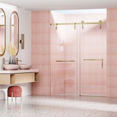 a bathroom with pink walls and marble flooring next to two mirrors on the wall