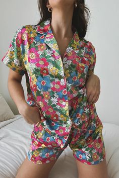 Flowerland Custom Satin Pajamas – Spikes and Seams Spring Printed Sleepwear For Pajama Party, Printed Sleepwear For Pajama Party In Spring, Printed Sleepwear For Spring Pajama Party, Spring Printed Sleepover Sets, Printed Sets For Spring Sleepover, Spring Printed Sets For Sleepovers, Printed Sets For Spring Sleepovers, Printed Sleepwear For Spring Loungewear, Spring Satin Sets For Daywear