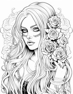 a girl with long hair holding roses in her hand