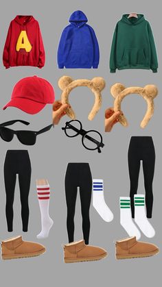 an assortment of clothing and accessories including shoes, hats, socks, sunglasses, eyeglasses