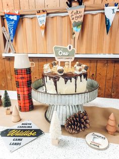 a cake sitting on top of a table covered in frosted icing and pine cones